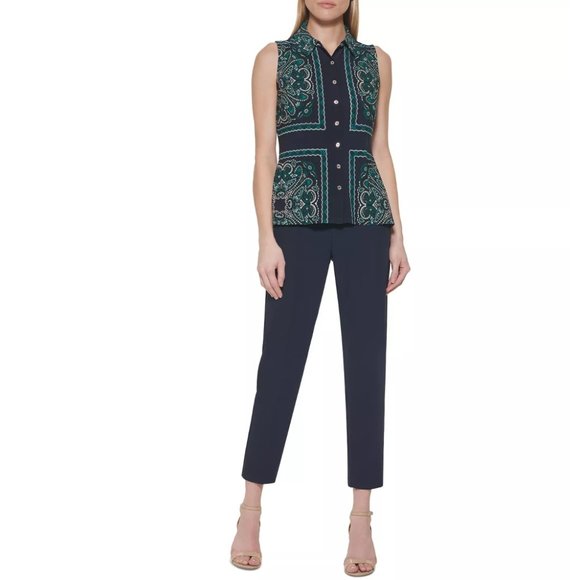 NEW Tommy Hilfiger Midnight & Forest Mandala Sleeveless Button-up Blouse Size S - Picture 3 of 4